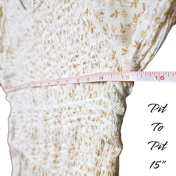 Boho Floral Smocked Mini Dress Beige Prairie Core Ruffle Hem XS Long Sleeve - Picture 8 of 11